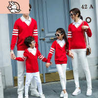 HUAYANGTU亲子装毛衣一家三口春秋冬母子母女时尚洋气假两件翻领针织衫红色家
