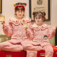 HUAYANGTU亲子睡衣母女冬季三层夹棉加绒加厚女童珊瑚绒保暖儿童家居服套装家