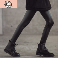 HUAYANGTU韩国女童皮裤加绒外穿洋气冬季儿童一体绒哑光紧身黑色长裤打底裤裤子童