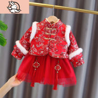 HUAYANGTU女童汉服秋冬连衣裙女孩秋装中国风洋气儿童冬裙子加绒公主裙红色裙子童