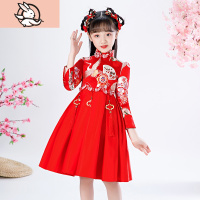 HUAYANGTU女童连衣裙中国风儿童裙子在逃公主裙秋冬红色洋气长袖公主裙新年裙子童