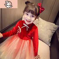 HUAYANGTU女童连衣裙春秋2021新款女孩韩版红色丝绒裙子洋气儿童网纱公主裙裙子童