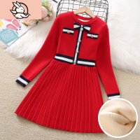 HUAYANGTU女童加绒毛衣裙冬厚儿童红色新年装过年衣服女孩拜年针织连衣裙子裙子童