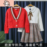 HUAYANGTU女童红色连衣裙秋冬新年装女孩过年衣服套装洋气儿童时髦公主裙子裙子童