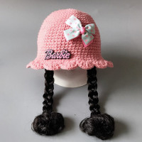 HUAYANGTU韩版儿童秋冬帽女宝宝帽子护耳毛线保暖带假发小童长假发帽子一体帽子童