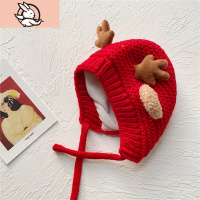 HUAYANGTU宝宝帽子秋冬季婴幼儿可爱鹿角毛线帽圣诞帽子儿童卡通护耳保暖帽帽子童