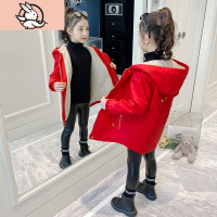 HUAYANGTU女童加绒皮衣2020新款洋气连帽收腰加厚风衣外套中长款儿童红色女风衣童
