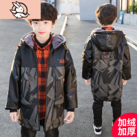 HUAYANGTU中大童男童加绒皮衣儿童加厚外套10秋冬装12男孩中长款风衣15岁潮风衣童