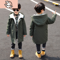 HUAYANGTU时尚夹棉风衣 秋冬季大童装男童加绒外套连帽加厚棉衣 中长款棉服风衣童