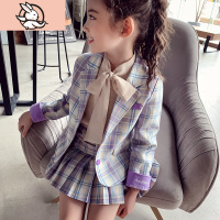 HUAYANGTU女童西装套装春装2021新款洋气儿童英伦风格子套裙女孩韩版两件套套装童