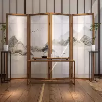 BONJEAN新中式办公室屏风折叠移动客厅隔断装饰简约现代玄关山水移动折屏