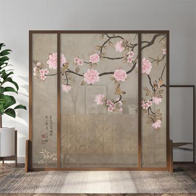 BONJEAN新中式屏风隔断客厅简约布艺玄关木质半透明时尚座屏茶室移动花鸟