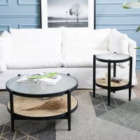 森美人原创设计北欧日式简约INS现代木质木玻璃藤编圆型茶几