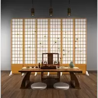 森美人日式仿木纹格子屏风隔断客厅现代简约双面移动布艺时尚可折叠折屏