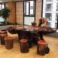 森美人根茶台阳台入户花园小型树根刻功夫茶桌实几整体原木