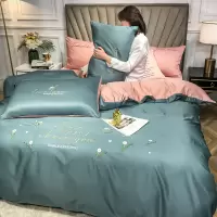 家柏饰(CORATED)欧式水洗真丝四件套丝滑床单被套拼色刺绣北欧风床笠床上用品