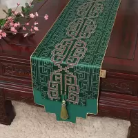 新中式古典玉桌旗茶几长条布艺中国风桌布床柜旗电视柜盖布 如意纹绿 34*200适合桌长140-150CM