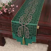 新中式古典玉桌旗茶几长条布艺中国风桌布床柜旗电视柜盖布 如意纹绿 34*230适合桌长170-180CM