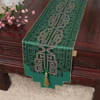 新中式古典玉桌旗茶几长条布艺中国风桌布床柜旗电视柜盖布 如意纹绿 34*300适合桌长240-250CM