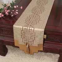 新中式古典玉桌旗茶几长条布艺中国风桌布床柜旗电视柜盖布 如意纹浅咖 34*120适合桌长60-70CM