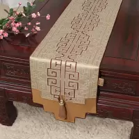 新中式古典玉桌旗茶几长条布艺中国风桌布床柜旗电视柜盖布 如意纹浅咖 34*230适合桌长170-180CM