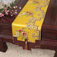新中式古典玉桌旗茶几长条布艺中国风桌布床柜旗电视柜盖布 黄牡丹阁 34*120适合桌长60-70CM