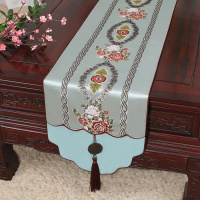 新中式古典玉桌旗茶几长条布艺中国风桌布床柜旗电视柜盖布 蓝 34*120适合桌长60-70CM