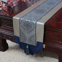 新中式古典玉桌旗茶几长条布艺中国风桌布床柜旗电视柜盖布 简欧提花蓝 34*300适合桌长240-250CM