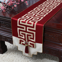 新中式古典玉桌旗茶几长条布艺中国风桌布床柜旗电视柜盖布 酒红格 34*300适合桌长240-250CM
