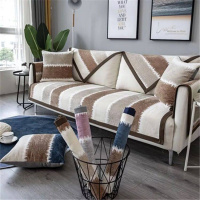 家柏饰(CORATED)沙发垫 四季通用防滑沙发巾盖布北欧简约加厚 沙发套全包套罩 雪尼尔灰咖条纹 90*240cm