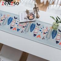 家柏饰(CORATED)北欧S风棉麻布艺茶几电视柜客厅餐桌布盖巾床尾旗桌旗 蓝灰底鱼桌旗 35*220cm