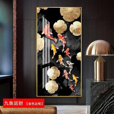 九鱼图玄关装饰画走廊过道挂画客厅酒店 九鱼运财(金色边框) 40*80cm晶瓷画(晶瓷工艺+金属框)统一发金色边框(需换