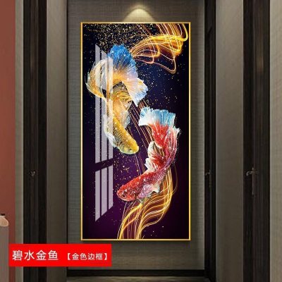 九鱼图玄关装饰画走廊过道挂画客厅酒店 碧水金鱼(金色边框) 50*100cm晶瓷画(晶瓷工艺+金属框)统一发金色边框(需