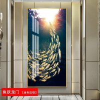 年年有鱼九鱼图玄关装饰画走廊过道挂画 鱼跃龙门(金色边框) 90*180cm晶瓷画(晶瓷工艺+金属框)统一发金色边框(需