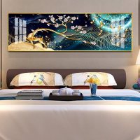 现代床头横版一整幅装饰画卧室背景墙免 梅花奔鹿[金色边框] 50×100cm晶瓷画(晶瓷工艺+金属框)统一发金色边框(需