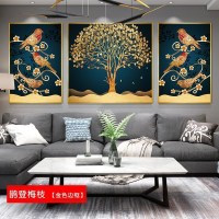 北欧壁画三联组合沙发背景墙客厅装饰画 鹊登梅枝(金色边框) 60*80cm三联套装(建议3-4米沙发)太空银[铝合金框]