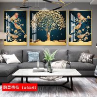 晶瓷工艺客厅三联挂画现代简约抽象装饰 鹊登梅枝(金色边框) 80*100cm三联套装(建议4.2米以上沙发)太空银[铝合