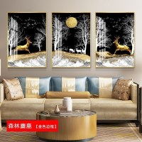 客厅装饰画沙发背景墙挂画北欧壁画三联 森林麋鹿(金色边框) 80*100cm三联套装(建议4.2米以上沙发)太空银[铝合
