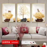 客厅装饰画沙发背景墙挂画北欧壁画三联 金鹿携福(金色边框) 30*50cm三联套装(建议2米以下沙发)摩登黑[铝合金框]