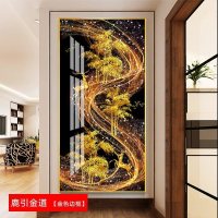 轻奢挂画玄关装饰画竖版入户晶瓷画风水走廊过道 鹿引金道 60*120cm晶瓷画(晶瓷工艺+金属框)统一发金色边框(需