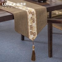 新中式桌旗禅意刺绣棉麻茶旗餐桌垫长条桌布艺现代简约电视柜 云中君-深卡其 33*280cm(适用桌长2.3米-2.4米)