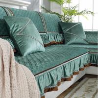 家柏饰(CORATED)毛绒沙发垫四季通用皮沙发防滑坐垫子简约现代时尚沙发套罩 暖熙-松绿 90*240cm+花边