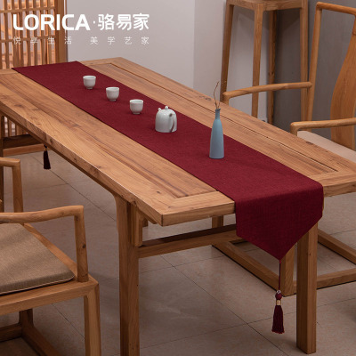 新中式桌旗禅意色棉麻茶几餐桌布日式长条北欧现代简约五斗柜布 平织-红色 33*180cm(适用桌长1.3米-1.4米)