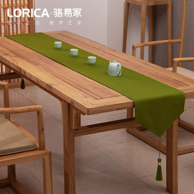 新中式桌旗禅意色棉麻茶几餐桌布日式长条北欧现代简约五斗柜布 平织-绿色 33*240cm(适用桌长1.9米-2米)
