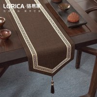 美式桌旗新中式禅意茶旗布现代简约茶几餐桌北欧电视柜布 福延年-咖色(尖角款) 33*360cm(适用桌长3米-3.2米)