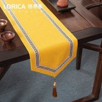 美式桌旗新中式禅意茶旗布现代简约茶几餐桌北欧电视柜布 福延年-黄色(尖角款) 33*360cm(适用桌长3米-3.2米)
