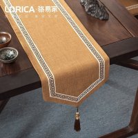 美式桌旗新中式禅意茶旗布现代简约茶几餐桌北欧电视 福延年-卡其(尖角款) 33*280cm(适用桌长2.3米-2.4米)