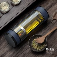 家柏饰(CORATED)双层玻璃杯茶水分离泡茶杯男士茶杯便携隔热防摔水杯耐热杯子 [送优质皮套]静谧蓝380ml