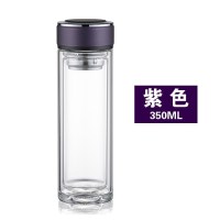 家柏饰(CORATED)水杯玻璃杯男女简约双层带盖隔热茶杯家用车载便携创意水晶杯 浪漫紫350ML