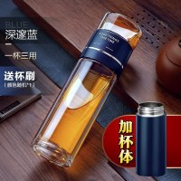 家柏饰(CORATED)茶水分离双层玻璃杯男透明泡茶杯过滤便携过滤茶杯杯子水杯 深邃蓝+保温杯体